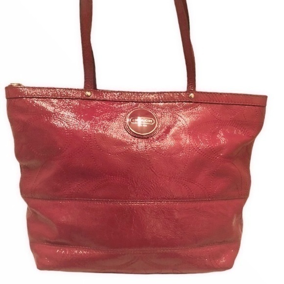 Coach pink patent leather stitched c tote bag